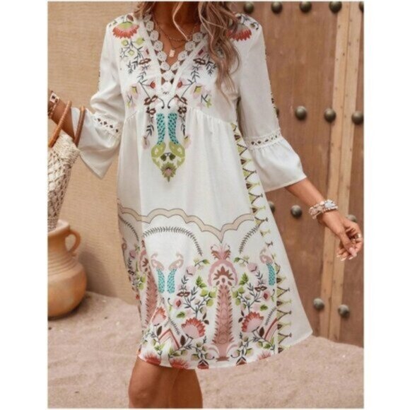 028 Boho Floral Print Lace Ruffle Sleeve Dress - Picture 1 of 3